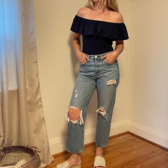 Navy Bodysuit w Ruffle Detail - Picture 2 of 9